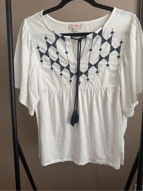 Knox Rose White Tunic Top with Navy Embroidery